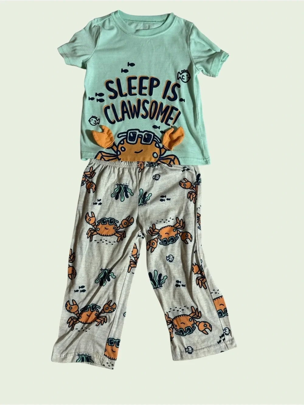 Kids' 3T Mint Green Crab Pajama Set - Sleep Is Clawsome!